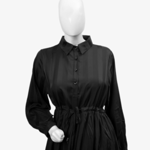 Black Striped Drawstring Silk Midi Dress